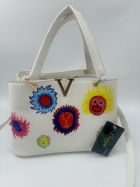 Crossi NY White Floral Satchel with Sun Design top handle/shoulder strap